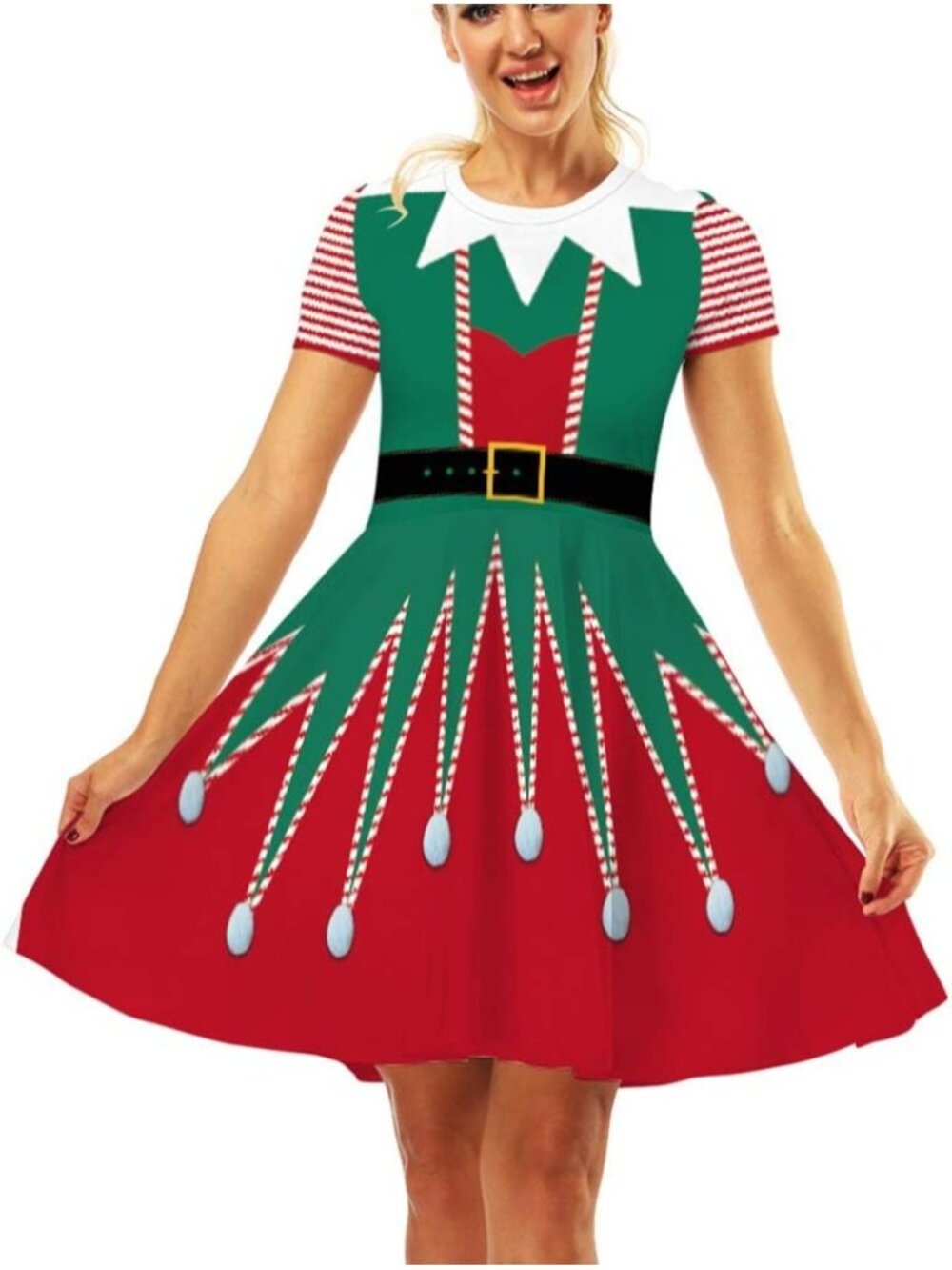Women's Elves Comfortable Print Holiday Xmas Belt is print Ugly Christmas Dress